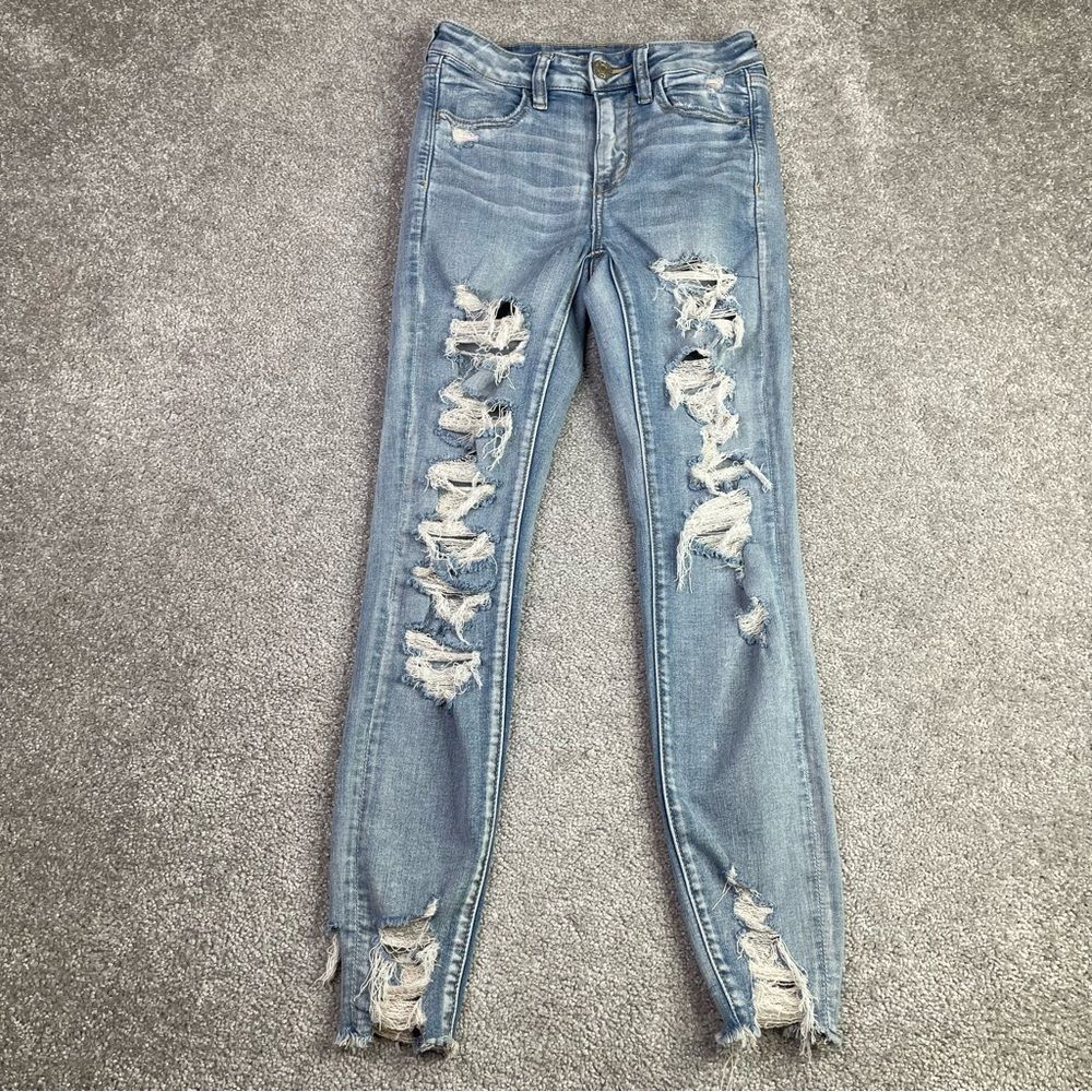 American Eagle Jegging Women's 4 Blue Skinny High Rise Light Wash Distressed